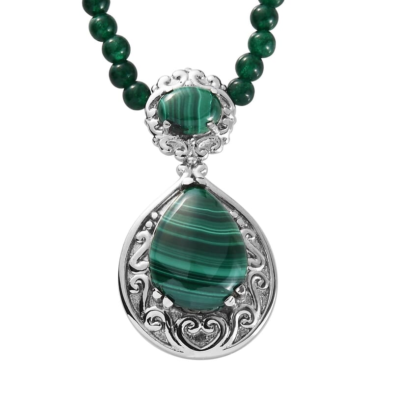 African Malachite Pendant with Green Quartzite Beaded Necklace 20 Inches in Stainless Steel 55.60 ctw