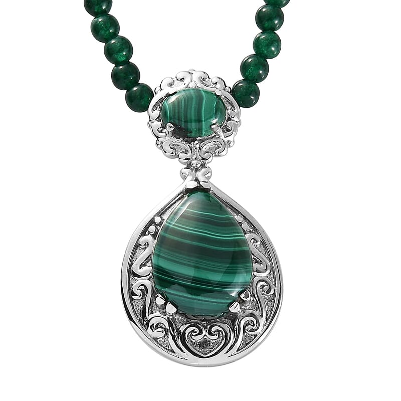 African Malachite Pendant with Green Quartzite Beaded Necklace 20 Inches in Stainless Steel 55.60 ctw