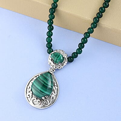 African Malachite Pendant with Green Quartzite Beaded Necklace 20 Inches in Stainless Steel 55.60 ctw