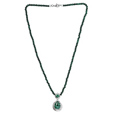 African Malachite Pendant with Green Quartzite Beaded Necklace 20 Inches in Stainless Steel 55.60 ctw