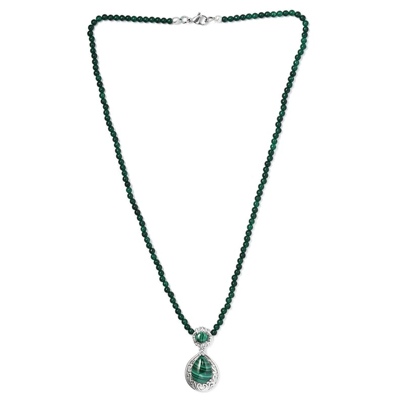 African Malachite Pendant with Green Quartzite Beaded Necklace 20 Inches in Stainless Steel 55.60 ctw