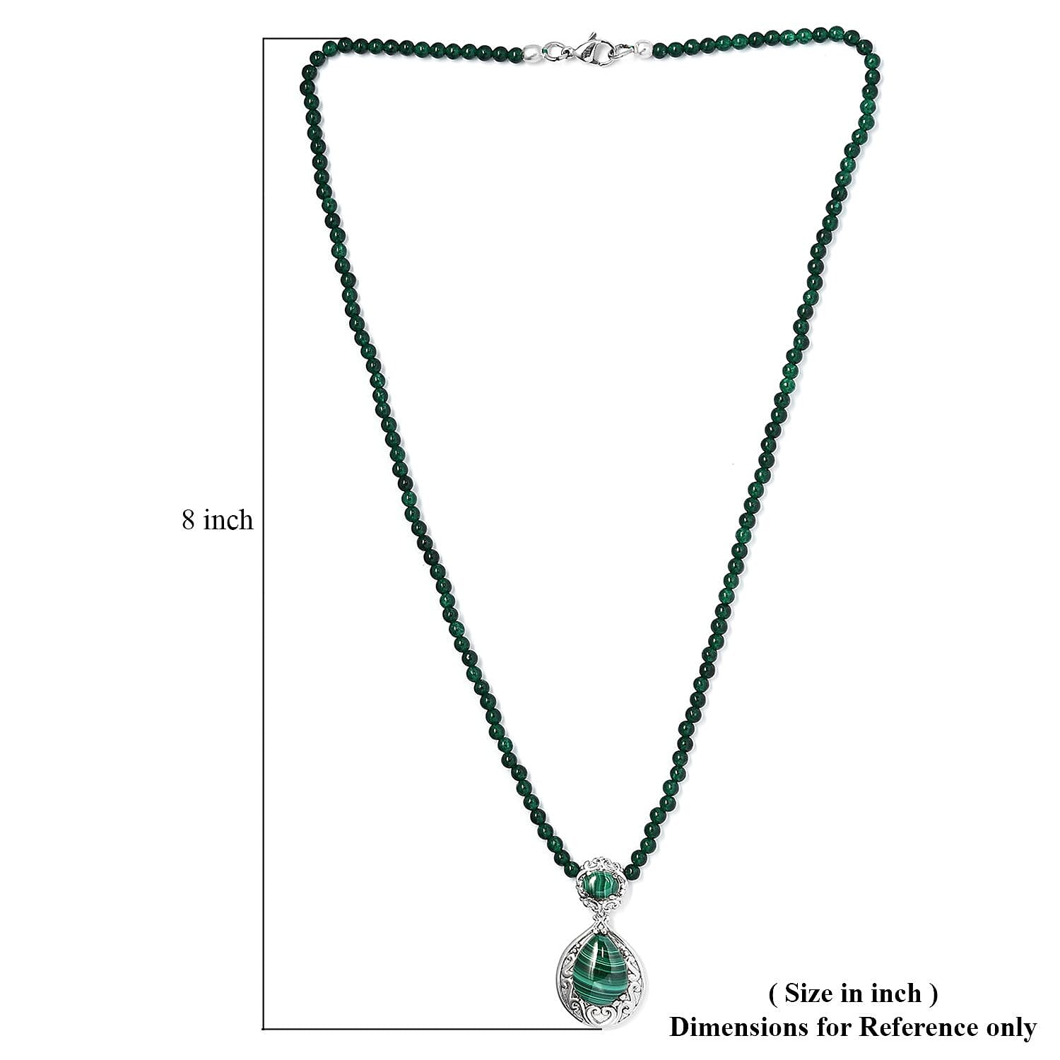 African Malachite Pendant with Green Quartzite Beaded Necklace 20 Inches in Stainless Steel 55.60 ctw