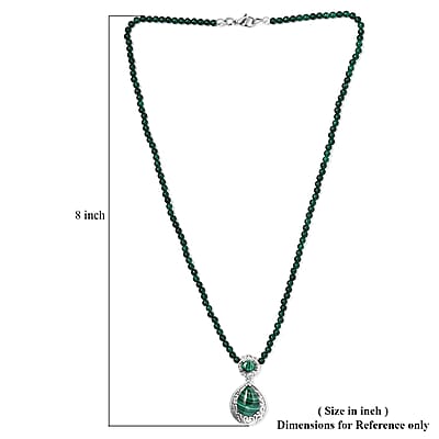 African Malachite Pendant with Green Quartzite Beaded Necklace 20 Inches in Stainless Steel 55.60 ctw