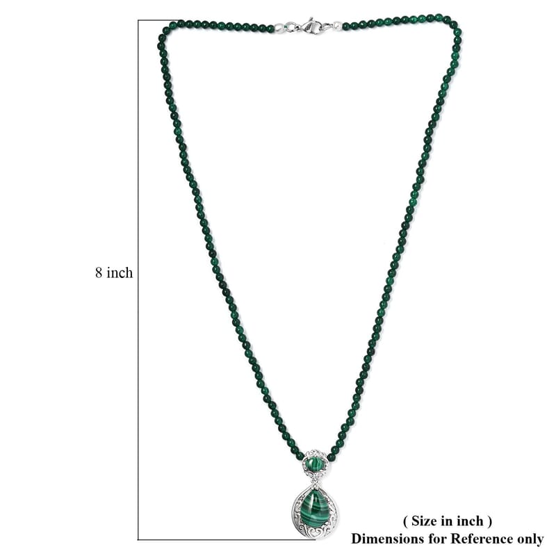 African Malachite Pendant with Green Quartzite Beaded Necklace 20 Inches in Stainless Steel 55.60 ctw