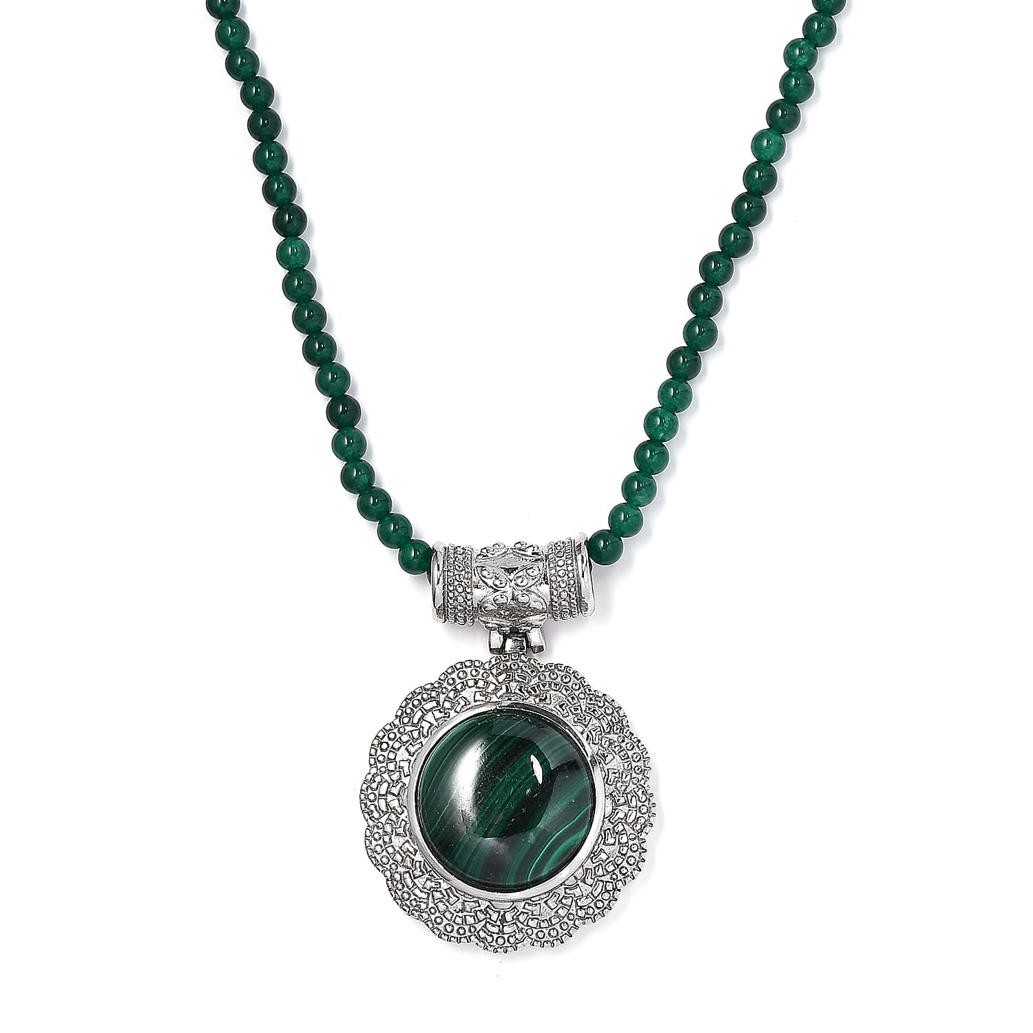 African Malachite Pendant with Green Quartzite Beaded Necklace 20 Inches in Stainless Steel 66.50 ctw