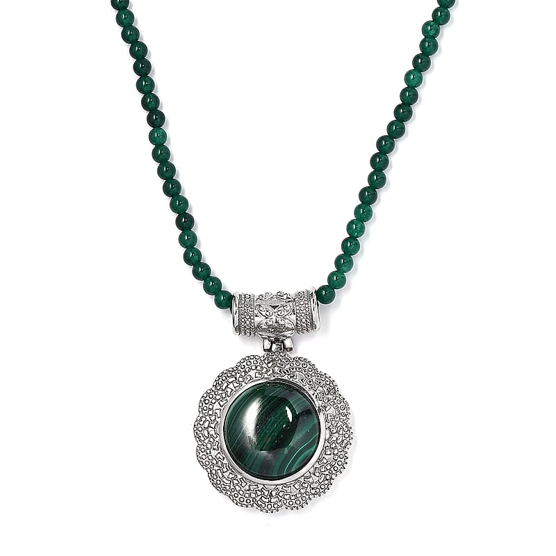 African Malachite Pendant with Green Quartzite Beaded Necklace 20 Inches in Stainless Steel 66.50 ctw