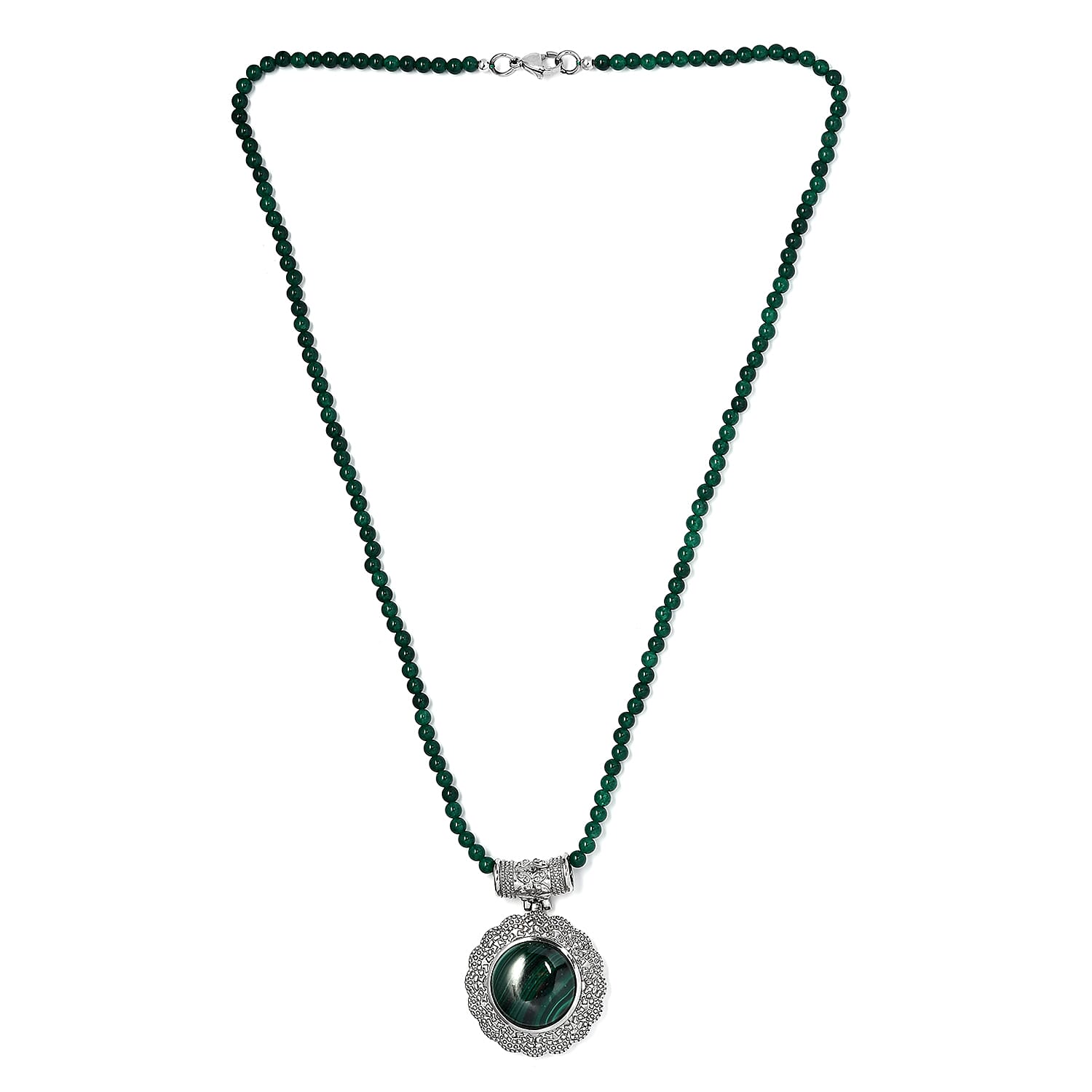 African Malachite Pendant with Green Quartzite Beaded Necklace 20 Inches in Stainless Steel 66.50 ctw