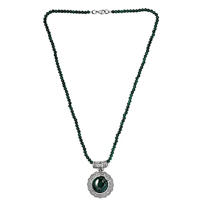 African Malachite Pendant with Green Quartzite Beaded Necklace 20 Inches in Stainless Steel 66.50 ctw