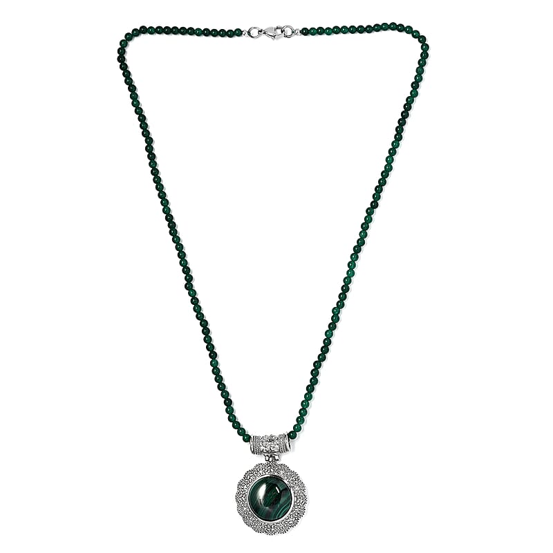 African Malachite Pendant with Green Quartzite Beaded Necklace 20 Inches in Stainless Steel 66.50 ctw