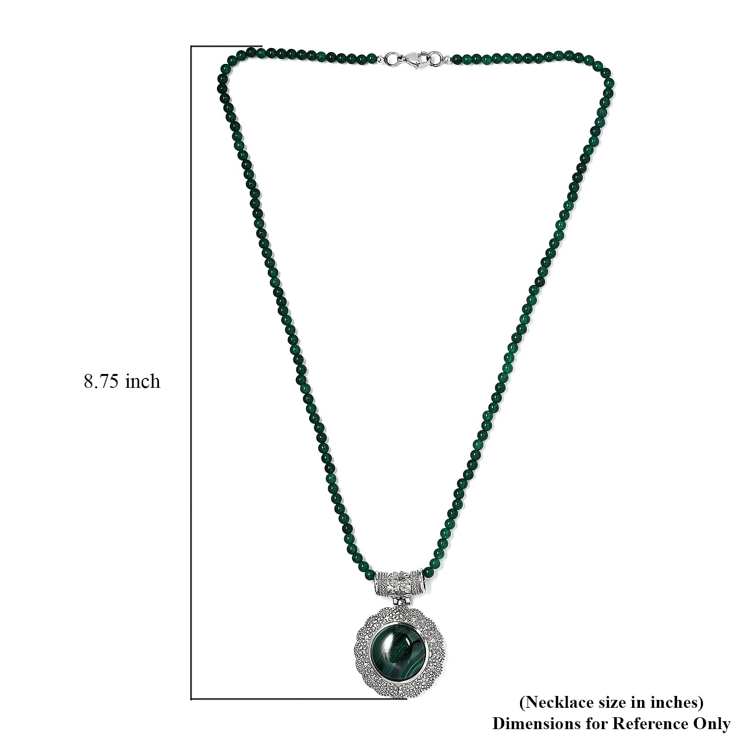 African Malachite Pendant with Green Quartzite Beaded Necklace 20 Inches in Stainless Steel 66.50 ctw
