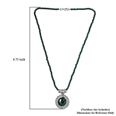 African Malachite Pendant with Green Quartzite Beaded Necklace 20 Inches in Stainless Steel 66.50 ctw