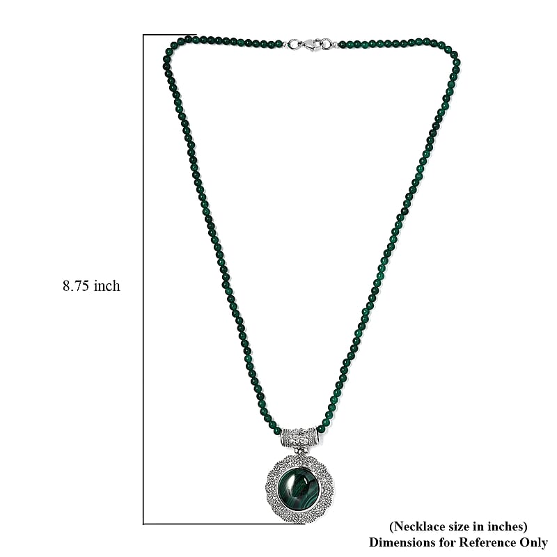 African Malachite Pendant with Green Quartzite Beaded Necklace 20 Inches in Stainless Steel 66.50 ctw