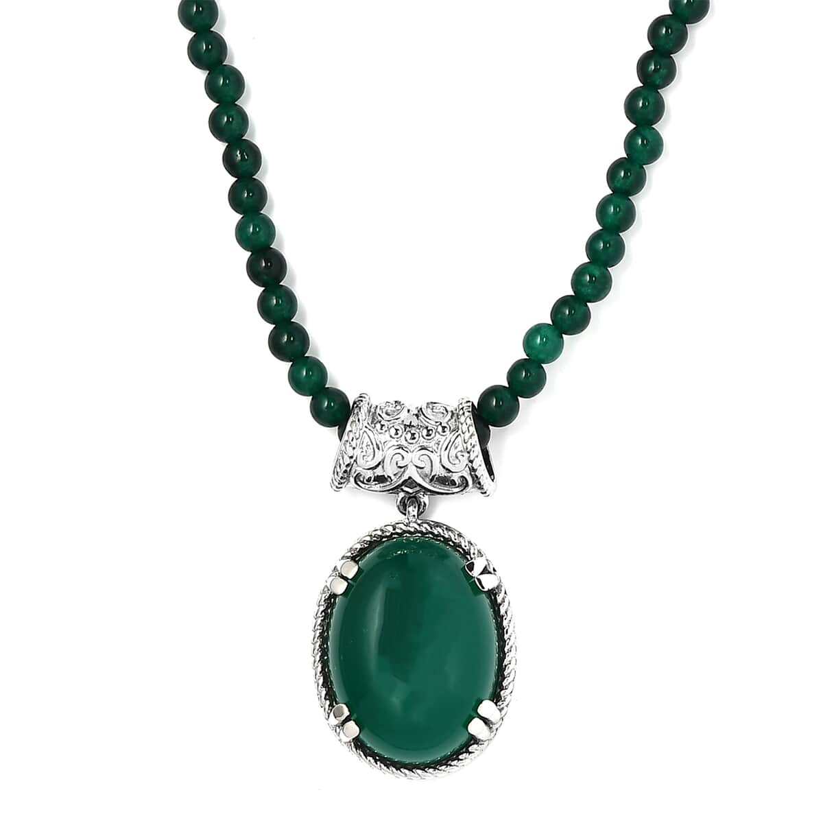 Green Onyx Pendant with Green Quartzite Beaded Necklace 20 Inches in Stainless Steel 61.40 ctw image number 0