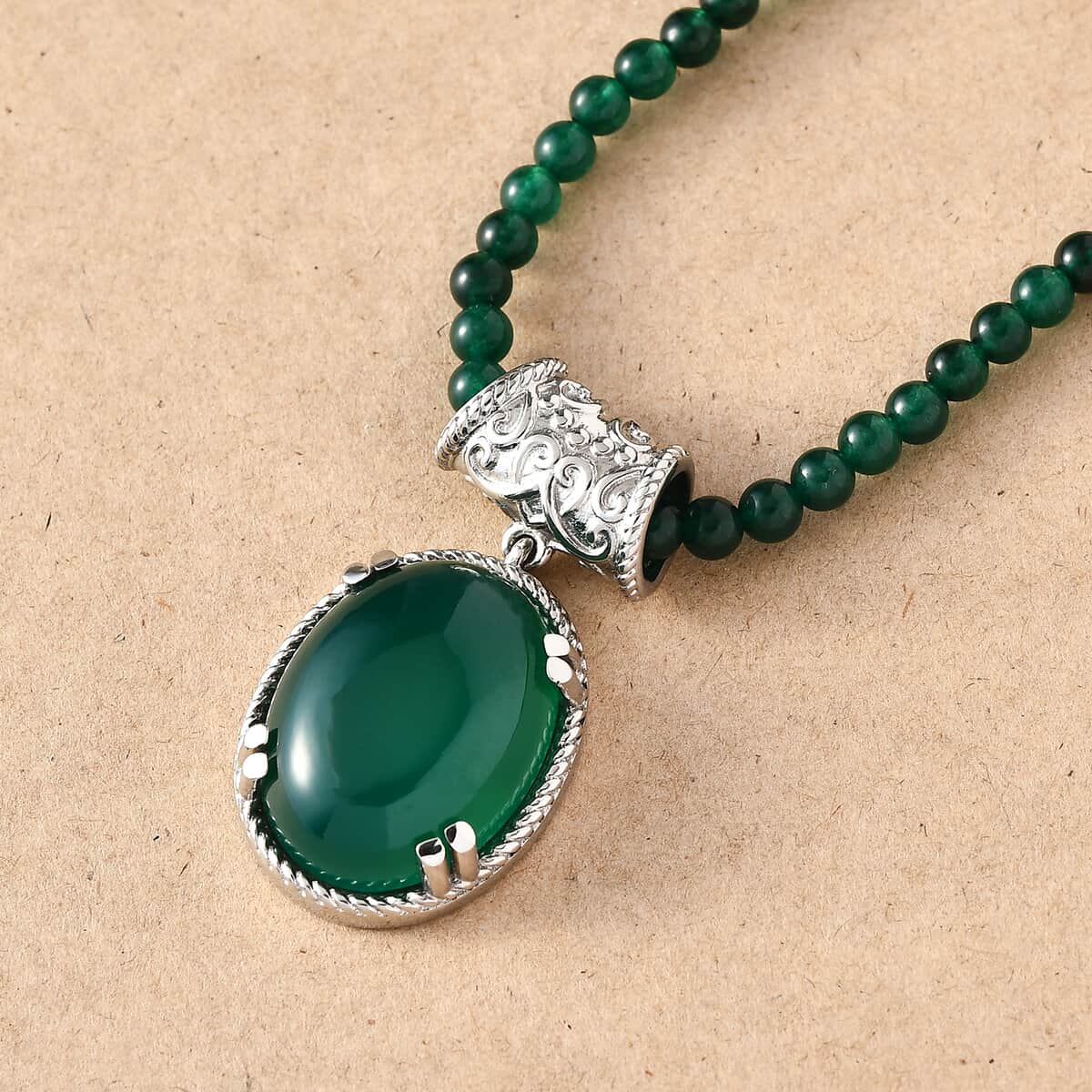 Green Onyx Pendant with Green Quartzite Beaded Necklace 20 Inches in Stainless Steel 61.40 ctw image number 1