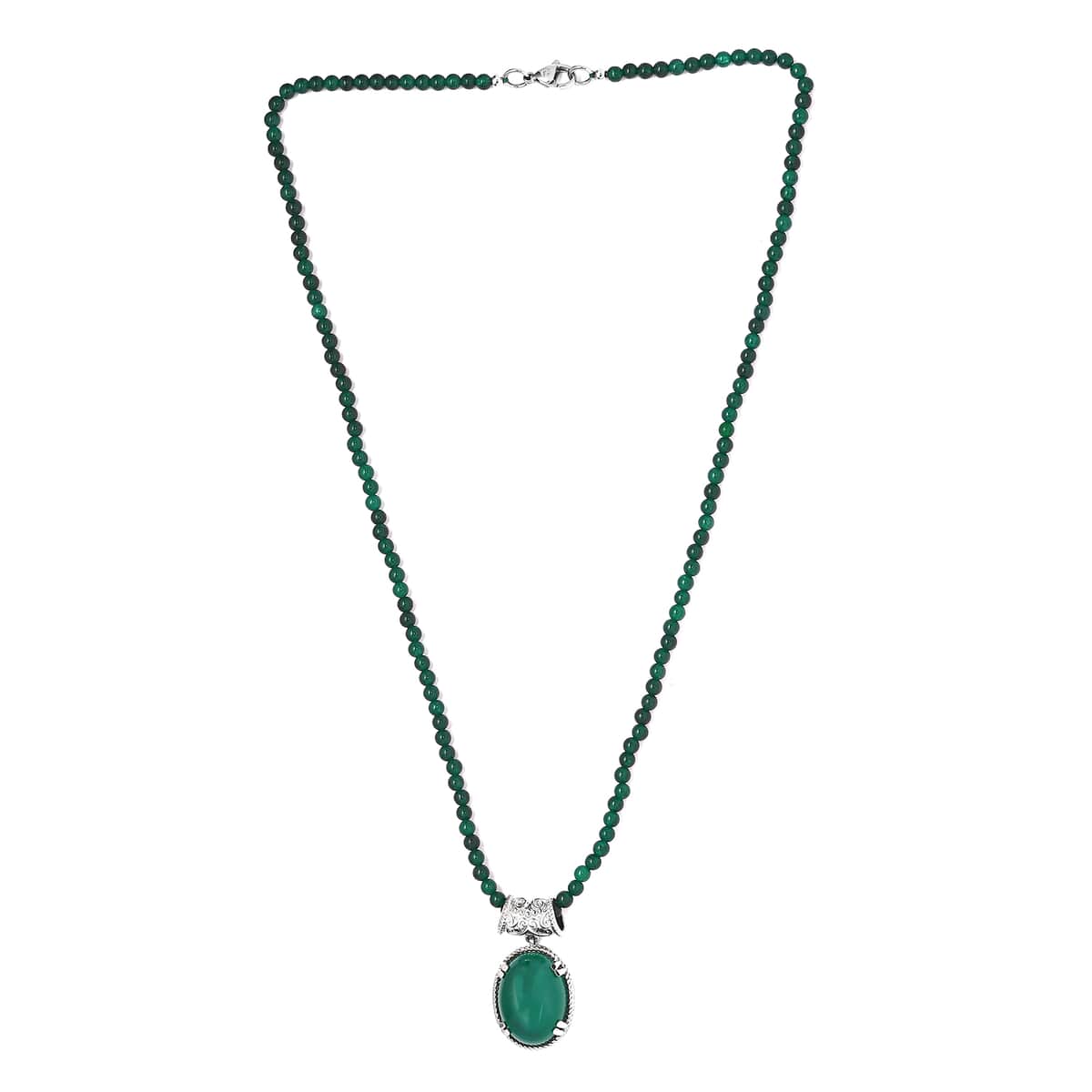 Green Onyx Pendant with Green Quartzite Beaded Necklace 20 Inches in Stainless Steel 61.40 ctw image number 3