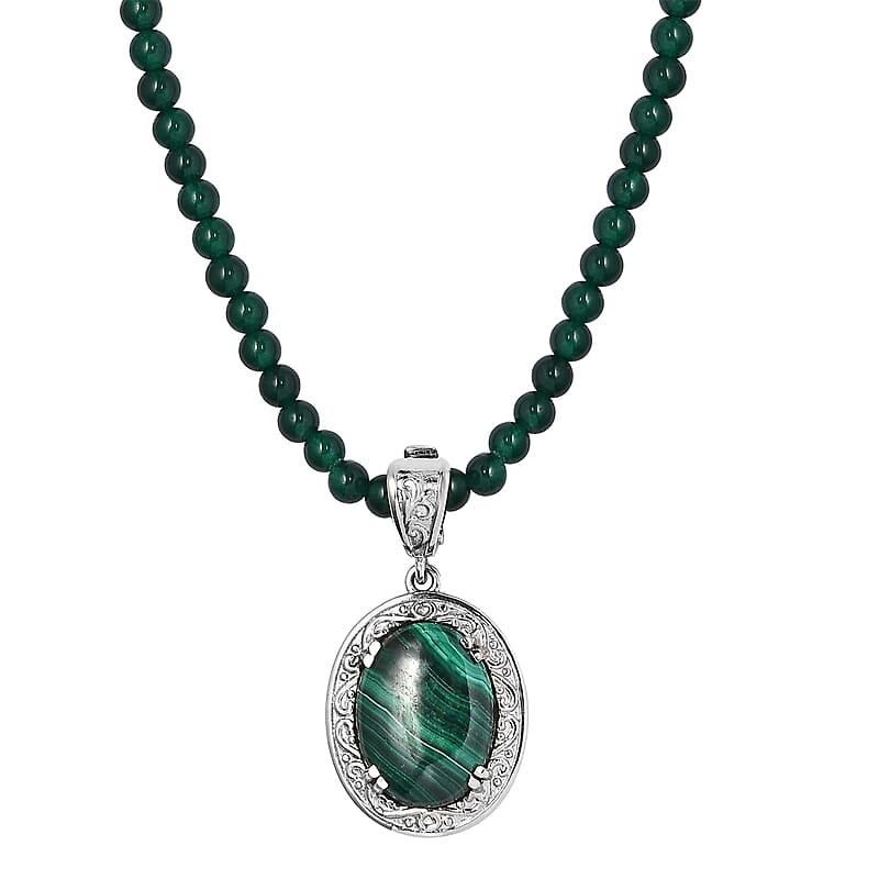 African Malachite Pendant with Green Quartzite Beaded Necklace 20 Inches in Stainless Steel 90.85 ctw
