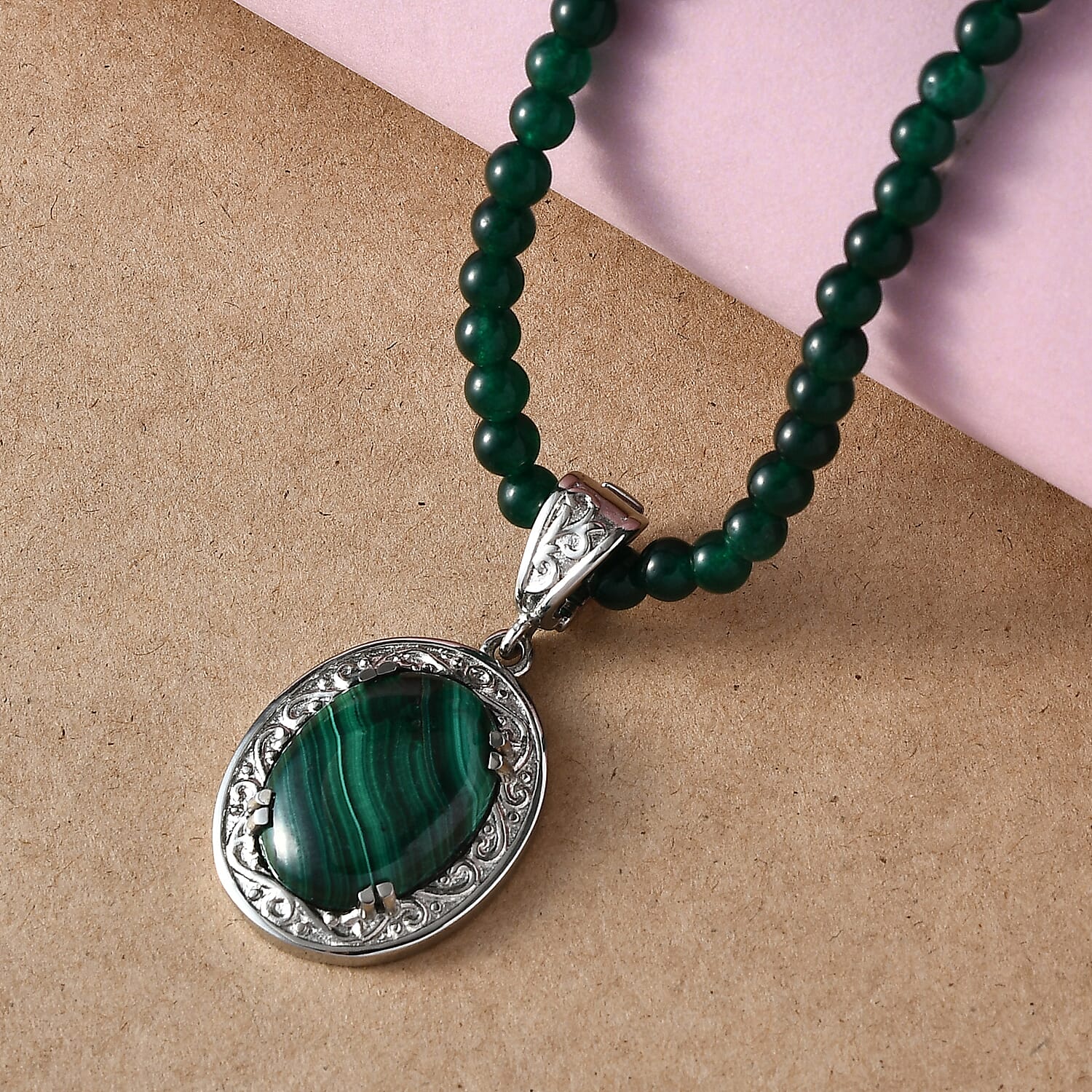 African Malachite Pendant with Green Quartzite Beaded Necklace 20 Inches in Stainless Steel 90.85 ctw