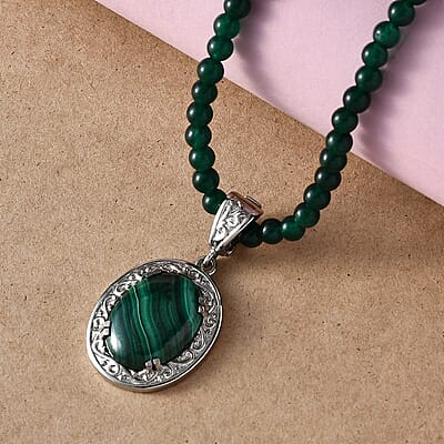 African Malachite Pendant with Green Quartzite Beaded Necklace 20 Inches in Stainless Steel 90.85 ctw