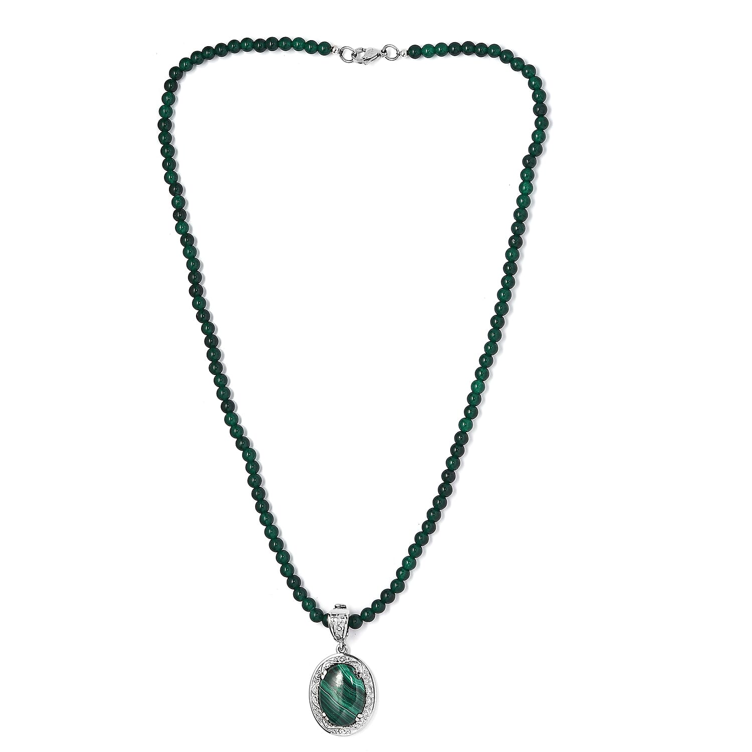 African Malachite Pendant with Green Quartzite Beaded Necklace 20 Inches in Stainless Steel 90.85 ctw