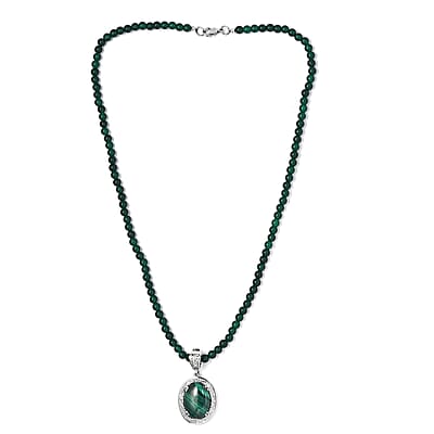 African Malachite Pendant with Green Quartzite Beaded Necklace 20 Inches in Stainless Steel 90.85 ctw