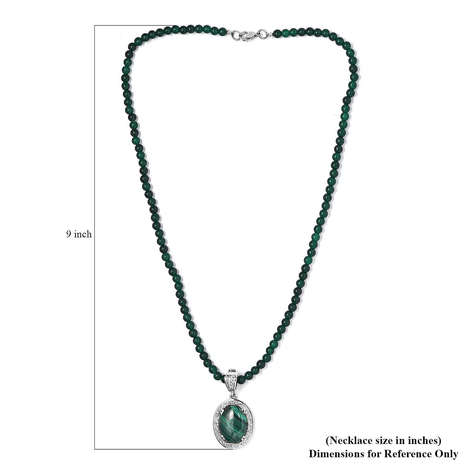 African Malachite Pendant with Green Quartzite Beaded Necklace 20 Inches in Stainless Steel 90.85 ctw