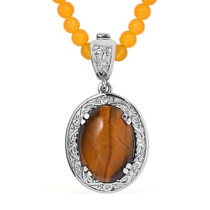 Tiger's Eye Pendant with Yellow Quartzite Beaded Necklace 20 Inches in Stainless Steel 79.85 ctw