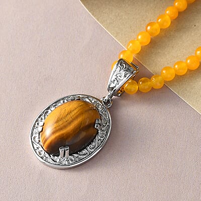 Tiger's Eye Pendant with Yellow Quartzite Beaded Necklace 20 Inches in Stainless Steel 79.85 ctw