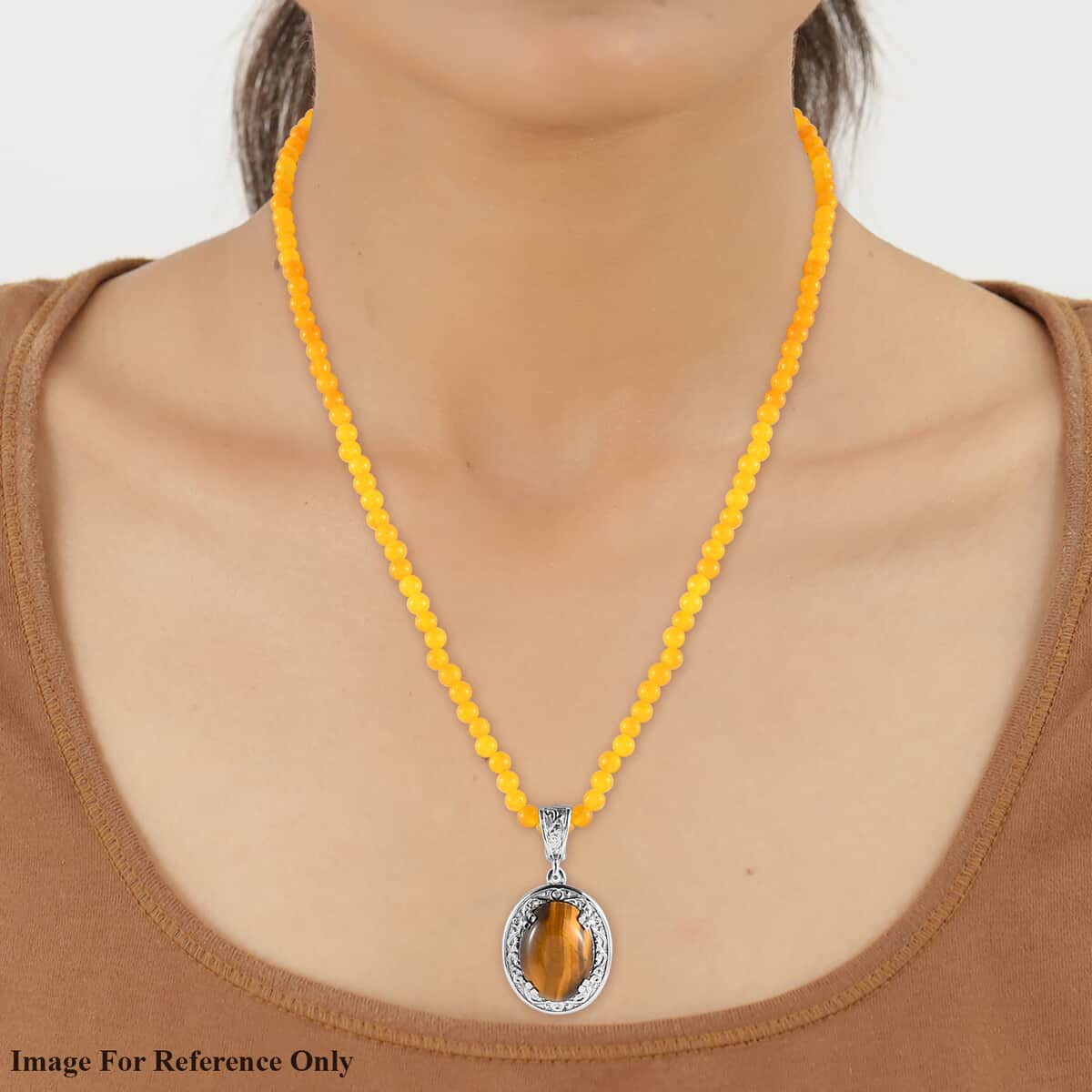 Tiger's Eye Pendant with Yellow Quartzite Beaded Necklace 20 Inches in Stainless Steel 79.85 ctw image number 2