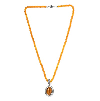 Tiger's Eye Pendant with Yellow Quartzite Beaded Necklace 20 Inches in Stainless Steel 79.85 ctw