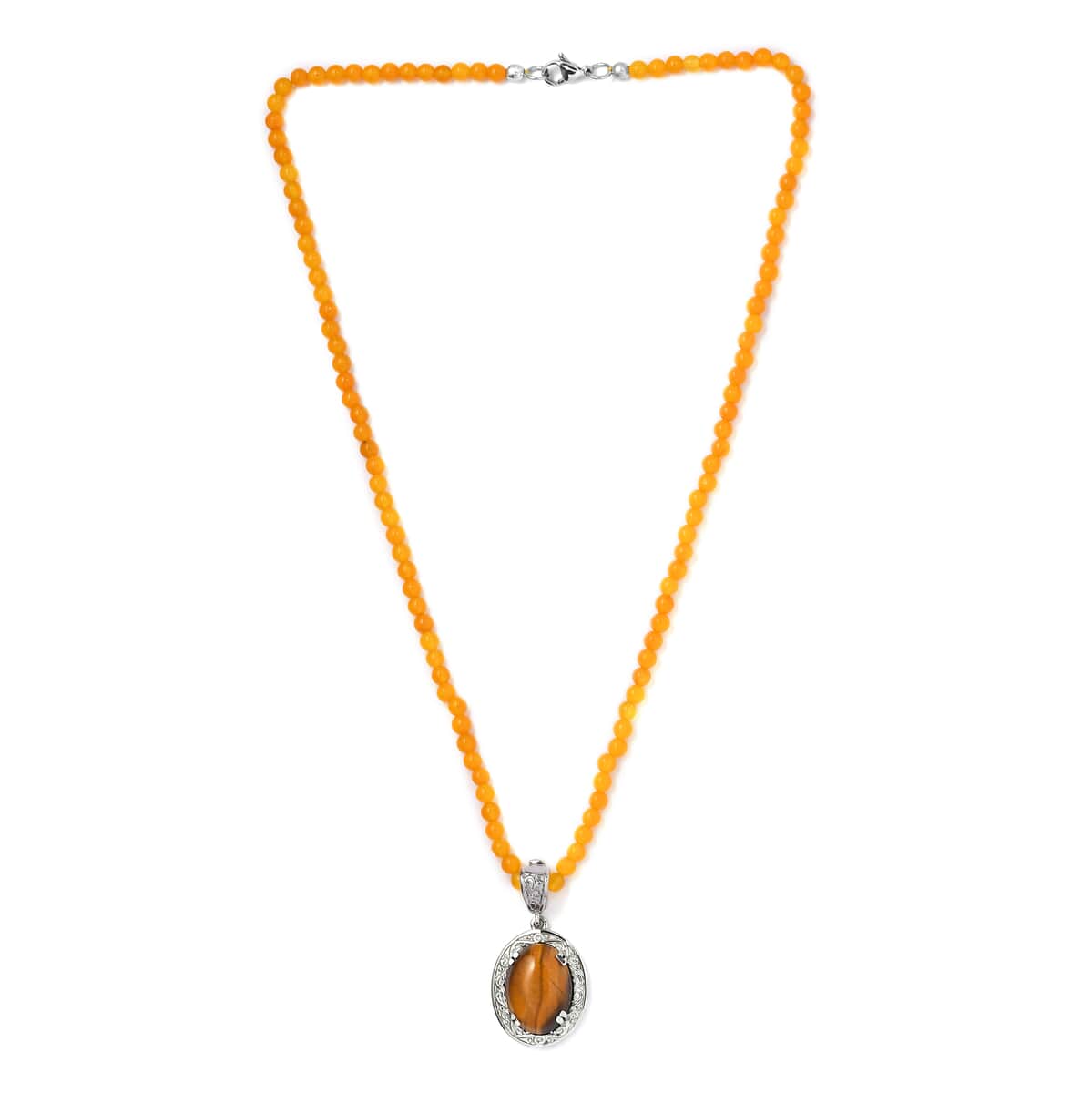 Tiger's Eye Pendant with Yellow Quartzite Beaded Necklace 20 Inches in Stainless Steel 79.85 ctw image number 3