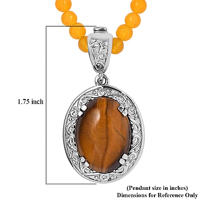 Tiger's Eye Pendant with Yellow Quartzite Beaded Necklace 20 Inches in Stainless Steel 79.85 ctw