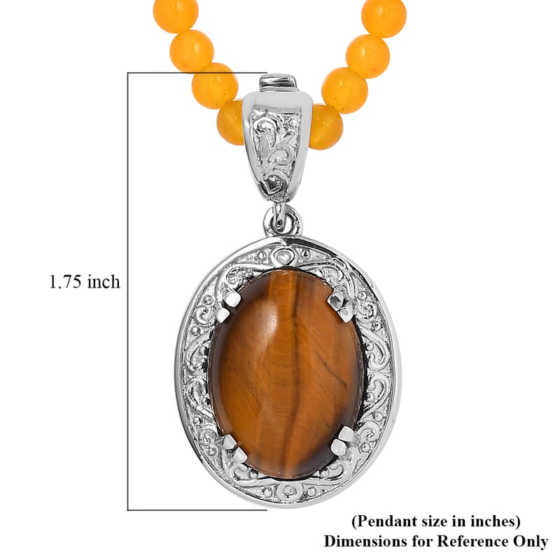Tiger's Eye Pendant with Yellow Quartzite Beaded Necklace 20 Inches in Stainless Steel 79.85 ctw