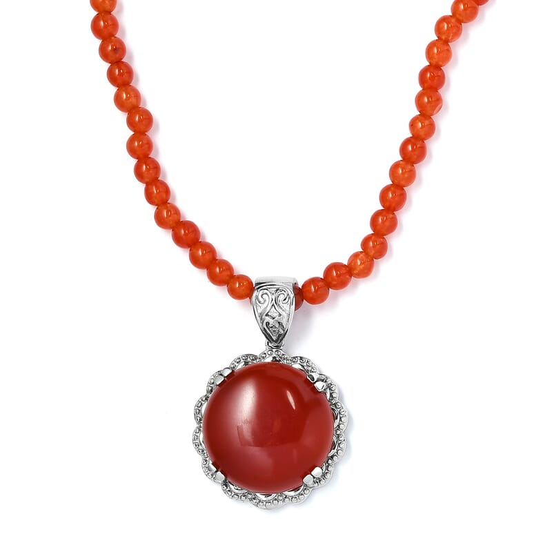 Red Onyx Pendant with Red Quartzite Beaded Necklace 20 Inches in Stainless Steel 83.35 ctw