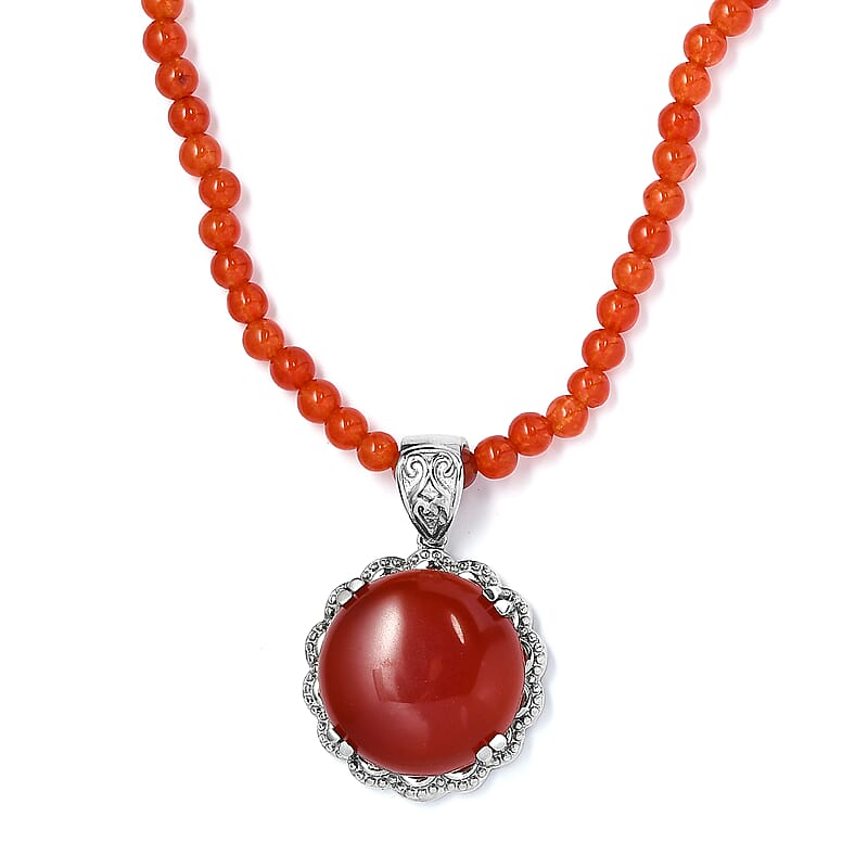 Red Onyx Pendant with Red Quartzite Beaded Necklace 20 Inches in Stainless Steel 83.35 ctw