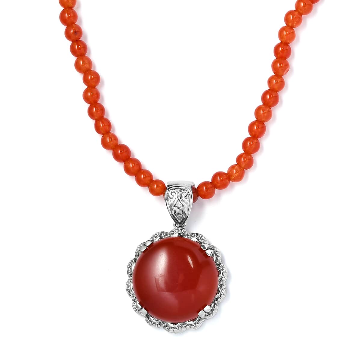 Red Onyx Pendant with Red Quartzite Beaded Necklace 20 Inches in Stainless Steel 83.35 ctw image number 0