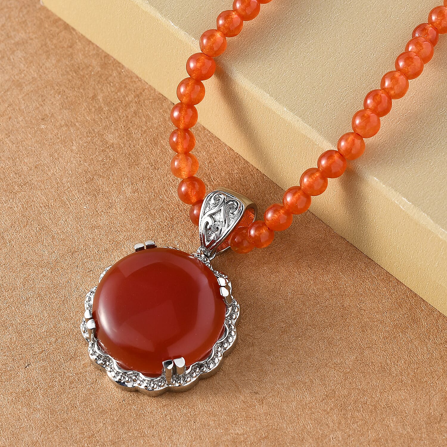 Red Onyx Pendant with Red Quartzite Beaded Necklace 20 Inches in Stainless Steel 83.35 ctw