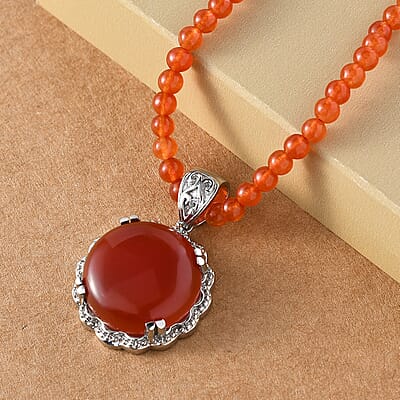 Red Onyx Pendant with Red Quartzite Beaded Necklace 20 Inches in Stainless Steel 83.35 ctw