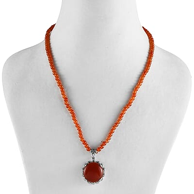 Red Onyx Pendant with Red Quartzite Beaded Necklace 20 Inches in Stainless Steel 83.35 ctw