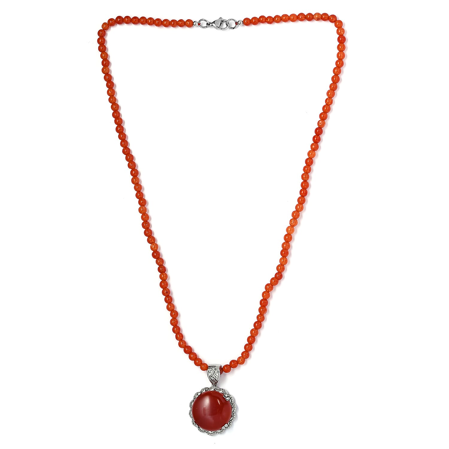 Red Onyx Pendant with Red Quartzite Beaded Necklace 20 Inches in Stainless Steel 83.35 ctw