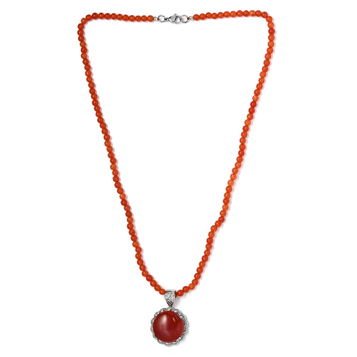 Red Onyx Pendant with Red Quartzite Beaded Necklace 20 Inches in Stainless Steel 83.35 ctw image number 3