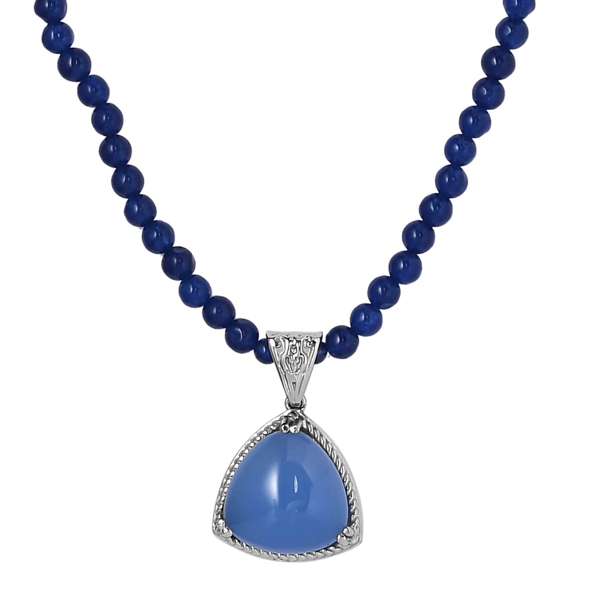 Blue Onyx Pendant with Blue Quartzite Beaded Necklace 20 Inches in Stainless Steel 73.00 ctw image number 0