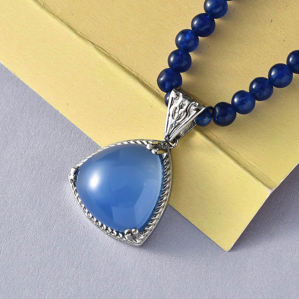 Blue Onyx Pendant with Blue Quartzite Beaded Necklace 20 Inches in Stainless Steel 73.00 ctw image number 1