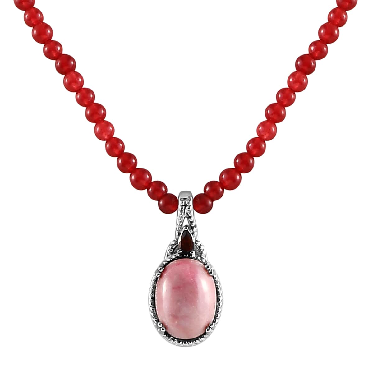 Rhodonite and Mozambique Garnet Pendant with Red Quartzite Beaded Necklace 20 Inches in Stainless Steel 71.25 ctw image number 0