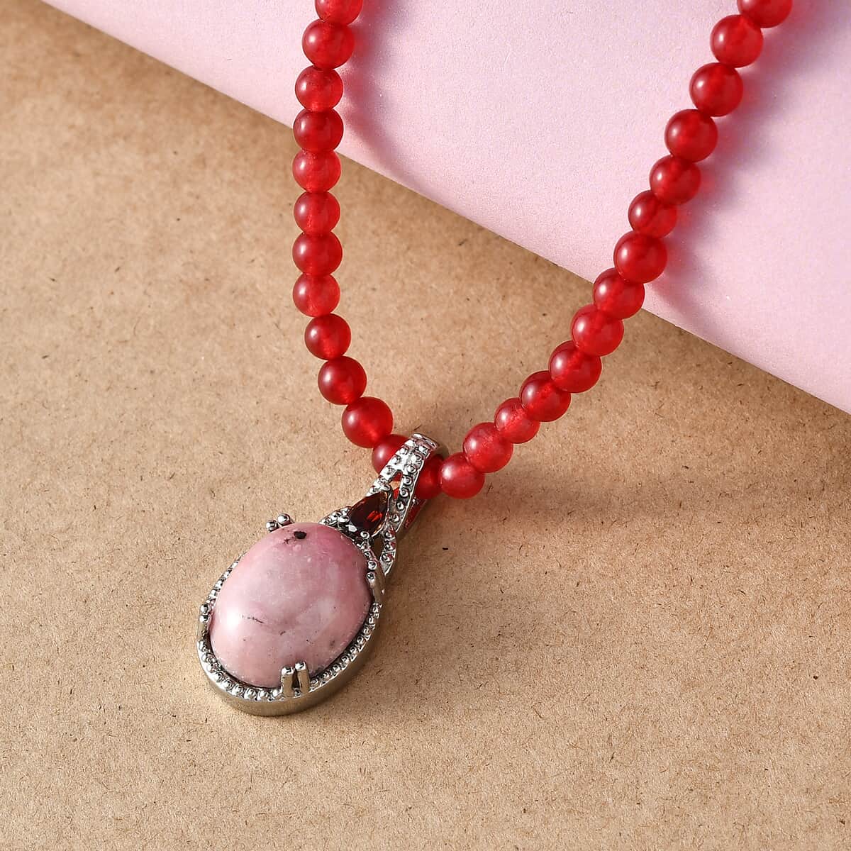 Rhodonite and Mozambique Garnet Pendant with Red Quartzite Beaded Necklace 20 Inches in Stainless Steel 71.25 ctw image number 1