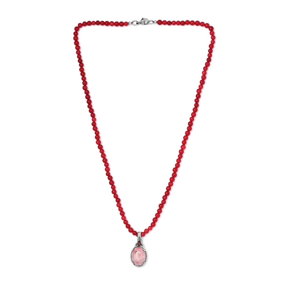 Rhodonite and Mozambique Garnet Pendant with Red Quartzite Beaded Necklace 20 Inches in Stainless Steel 71.25 ctw image number 3