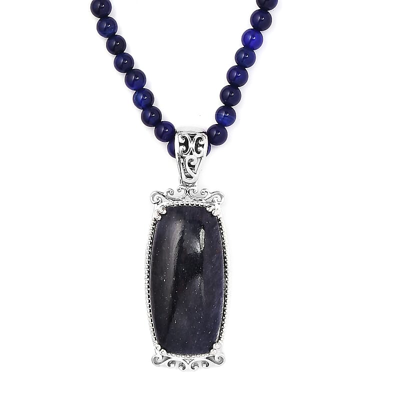 Karis Blue Aventurine Pendant with Blue Quartzite Beaded Necklace 20 Inches in Platinum Bond 87.75 ctw