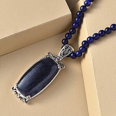 Karis Blue Aventurine Pendant with Blue Quartzite Beaded Necklace 20 Inches in Platinum Bond 87.75 ctw