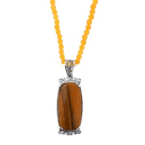 Karis Tiger's Eye Pendant with Yellow Quartzite Beaded Necklace 20 Inches in Platinum Bond 55.25 ctw