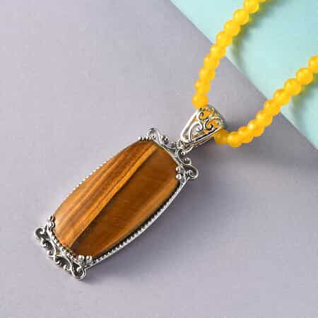 Karis Tiger's Eye Pendant with Yellow Quartzite Beaded Necklace 20 Inches in Platinum Bond 55.25 ctw image number 1