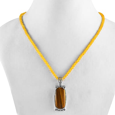 Karis Tiger's Eye Pendant with Yellow Quartzite Beaded Necklace 20 Inches in Platinum Bond 55.25 ctw